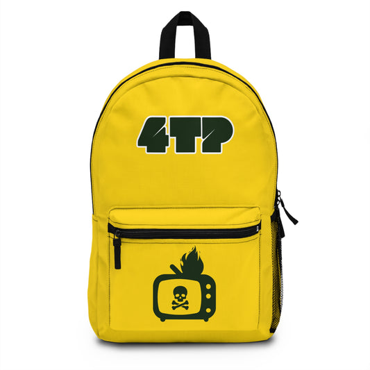 Trendy Yellow Graphic Backpack with TV & Skull Design